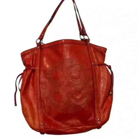 Coach Audrey OP ART Coral Peach Patent Leather Tote Shoulder Handbag